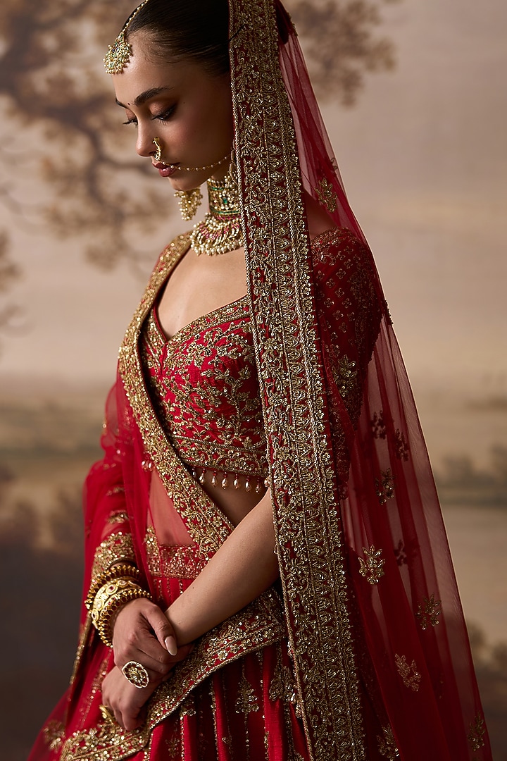 Red Raw Silk Embroidered Bridal Lehenga Set by Angad Singh at Pernia's Pop Up Shop