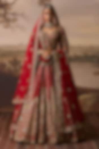 Red Raw Silk Dabka Embroidered Bridal Lehenga Set by Angad Singh at Pernia's Pop Up Shop