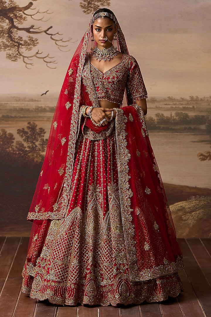 Red Raw Silk Dabka Embroidered Bridal Lehenga Set by Angad Singh at Pernia's Pop Up Shop