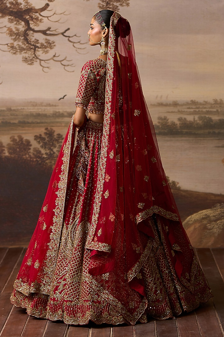 Red Raw Silk Dabka Embroidered Bridal Lehenga Set by Angad Singh at Pernia's Pop Up Shop