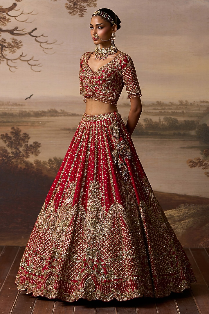 Red Raw Silk Dabka Embroidered Bridal Lehenga Set by Angad Singh at Pernia's Pop Up Shop