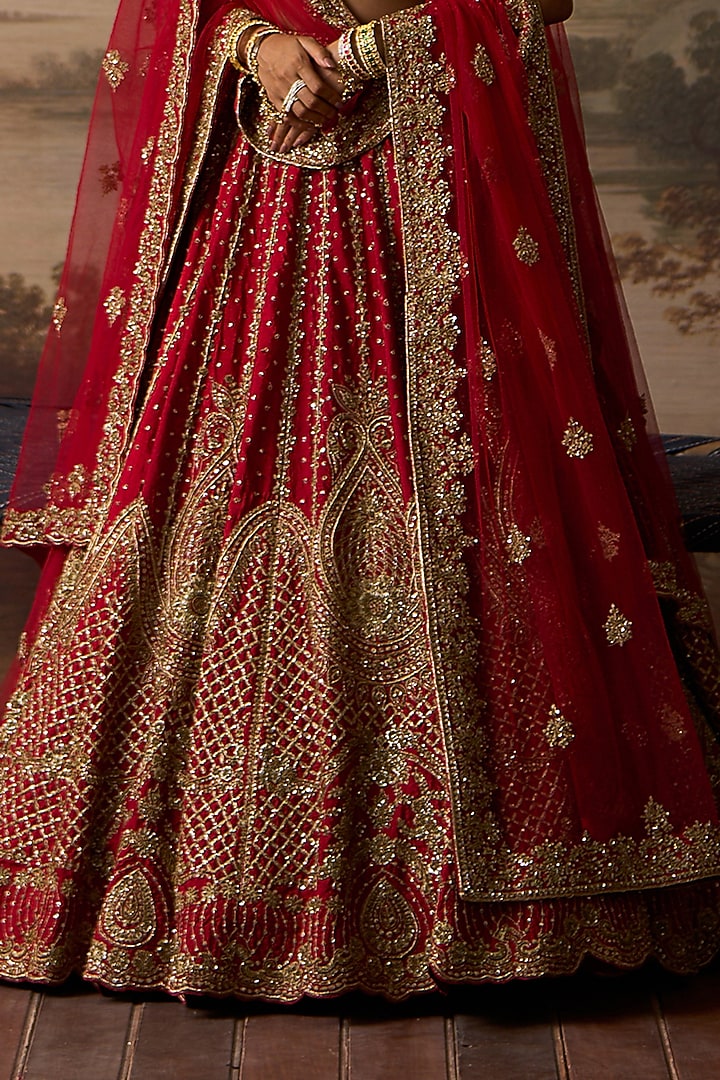 Red Raw Silk Dabka Embroidered Bridal Lehenga Set by Angad Singh at Pernia's Pop Up Shop