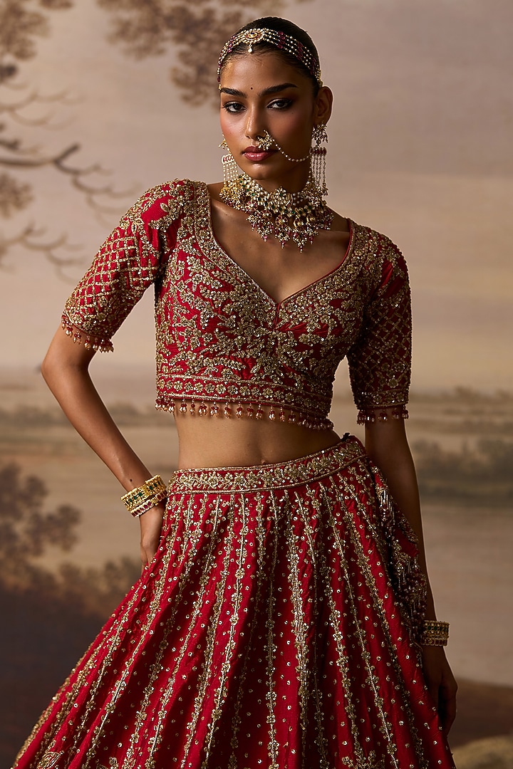 Red Raw Silk Dabka Embroidered Bridal Lehenga Set by Angad Singh at Pernia's Pop Up Shop