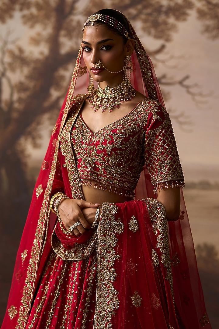 Red Raw Silk Dabka Embroidered Bridal Lehenga Set by Angad Singh at Pernia's Pop Up Shop