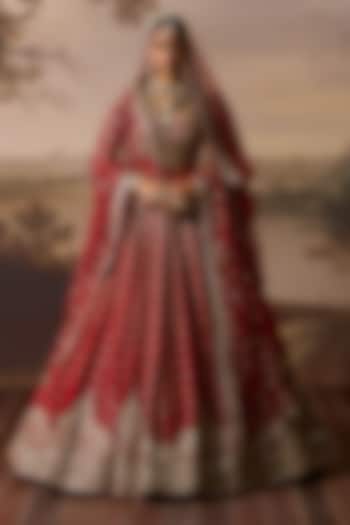 Red Raw Silk Resham Embroidered Bridal Lehenga Set by Angad Singh at Pernia's Pop Up Shop