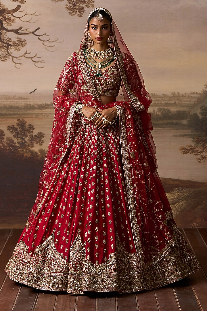 Red Raw Silk Resham Embroidered Bridal Lehenga Set by Angad Singh at Pernia's Pop Up Shop