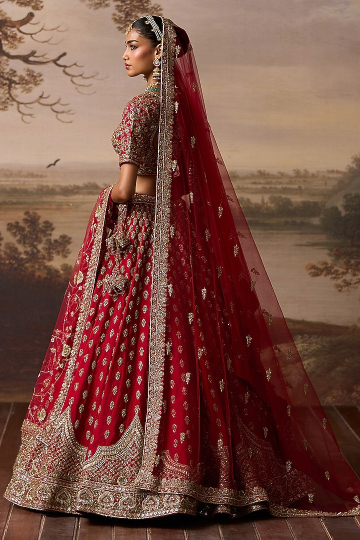 Red Raw Silk Resham Embroidered Bridal Lehenga Set by Angad Singh at Pernia's Pop Up Shop