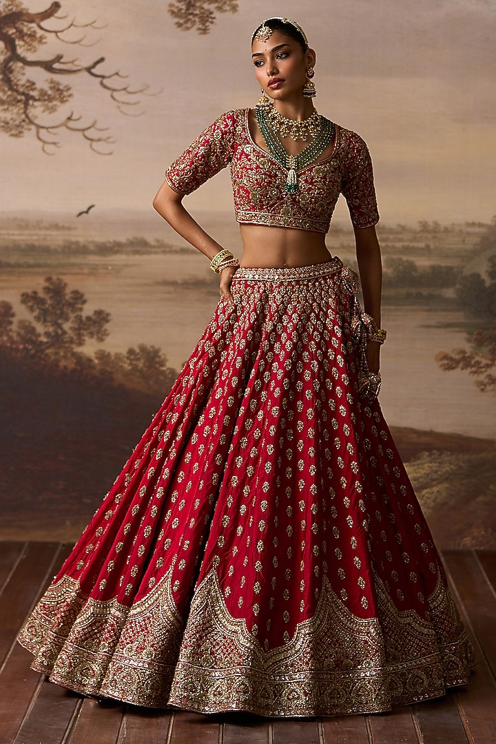 Red Raw Silk Resham Embroidered Bridal Lehenga Set by Angad Singh at Pernia's Pop Up Shop