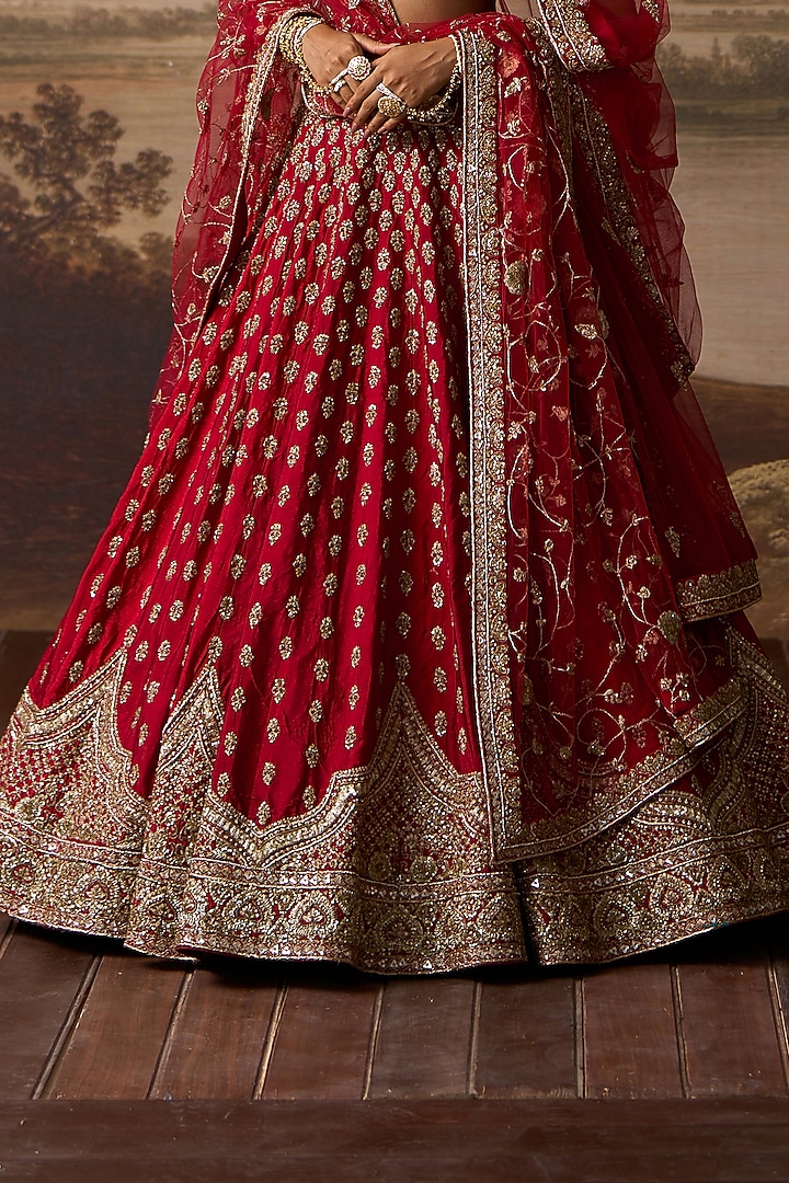Red Raw Silk Resham Embroidered Bridal Lehenga Set by Angad Singh at Pernia's Pop Up Shop