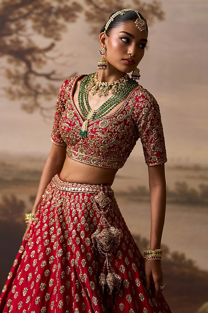 Red Raw Silk Resham Embroidered Bridal Lehenga Set by Angad Singh at Pernia's Pop Up Shop