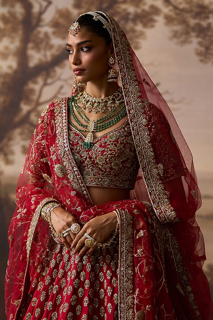 Red Raw Silk Resham Embroidered Bridal Lehenga Set by Angad Singh at Pernia's Pop Up Shop