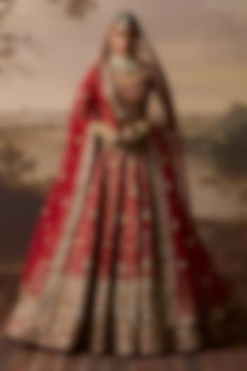 Red Raw Silk Embroidered Bridal Lehenga Set by Angad Singh at Pernia's Pop Up Shop