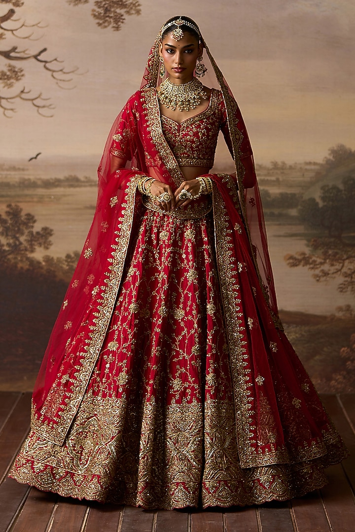 Red Raw Silk Embroidered Bridal Lehenga Set by Angad Singh at Pernia's Pop Up Shop