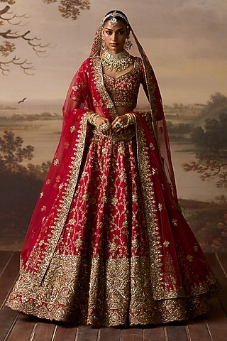 Red Raw Silk Embroidered Lehenga Set by Angad Singh