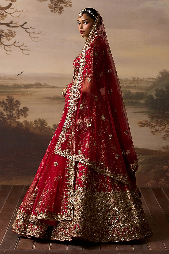 Red Raw Silk Embroidered Bridal Lehenga Set by Angad Singh at Pernia's Pop Up Shop