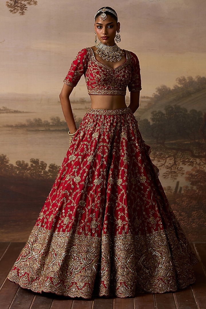 Red Raw Silk Embroidered Bridal Lehenga Set by Angad Singh at Pernia's Pop Up Shop
