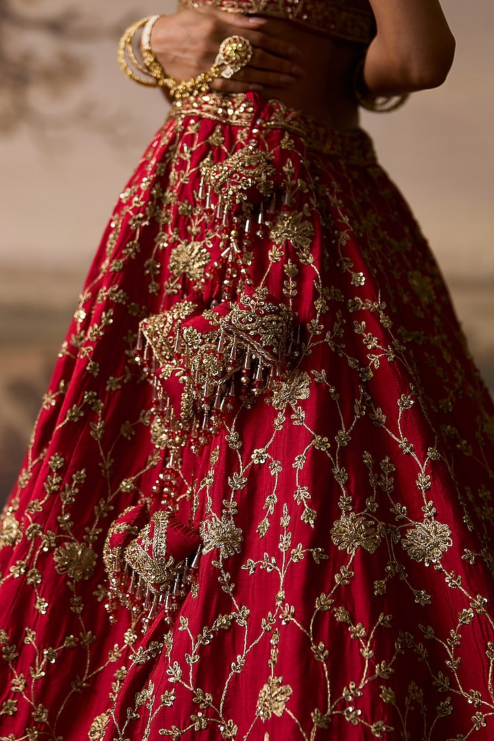 Red Raw Silk Embroidered Bridal Lehenga Set by Angad Singh at Pernia's Pop Up Shop