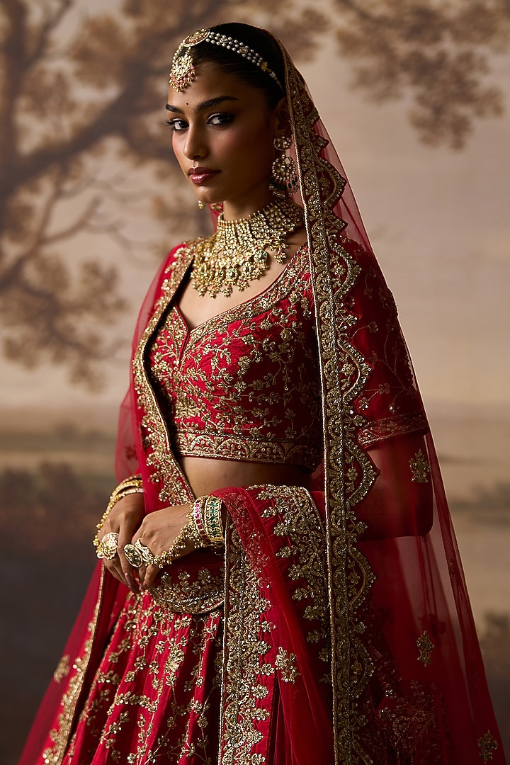 Red Raw Silk Embroidered Bridal Lehenga Set by Angad Singh at Pernia's Pop Up Shop