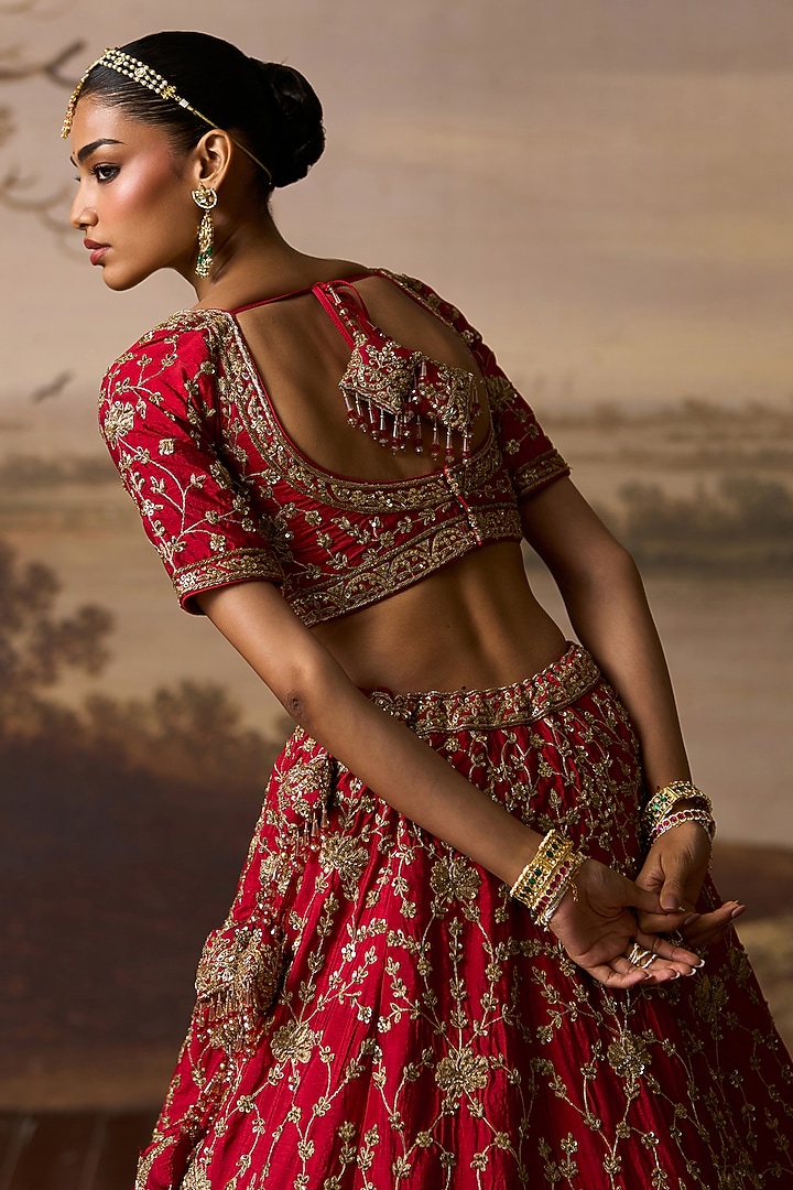 Red Raw Silk Embroidered Bridal Lehenga Set by Angad Singh at Pernia's Pop Up Shop