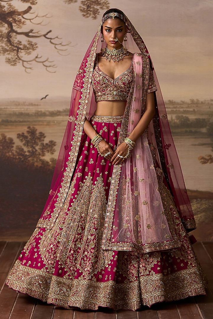 Crimson Red Raw Silk Floral Embroidered Bridal Lehenga Set by Angad Singh at Pernia's Pop Up Shop