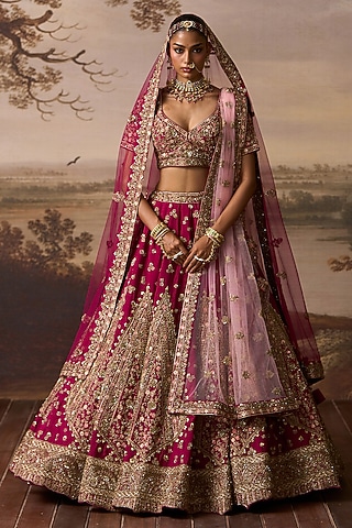Crimson Red Raw Silk Floral Embroidered Lehenga Set by Angad Singh