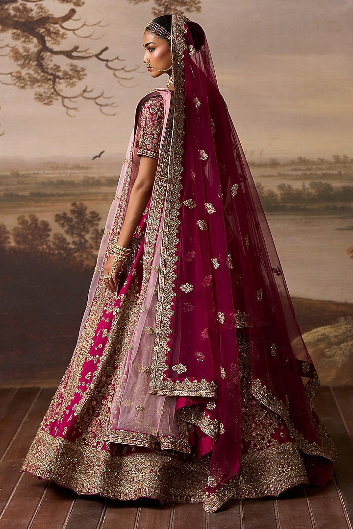 Crimson Red Raw Silk Floral Embroidered Bridal Lehenga Set by Angad Singh at Pernia's Pop Up Shop