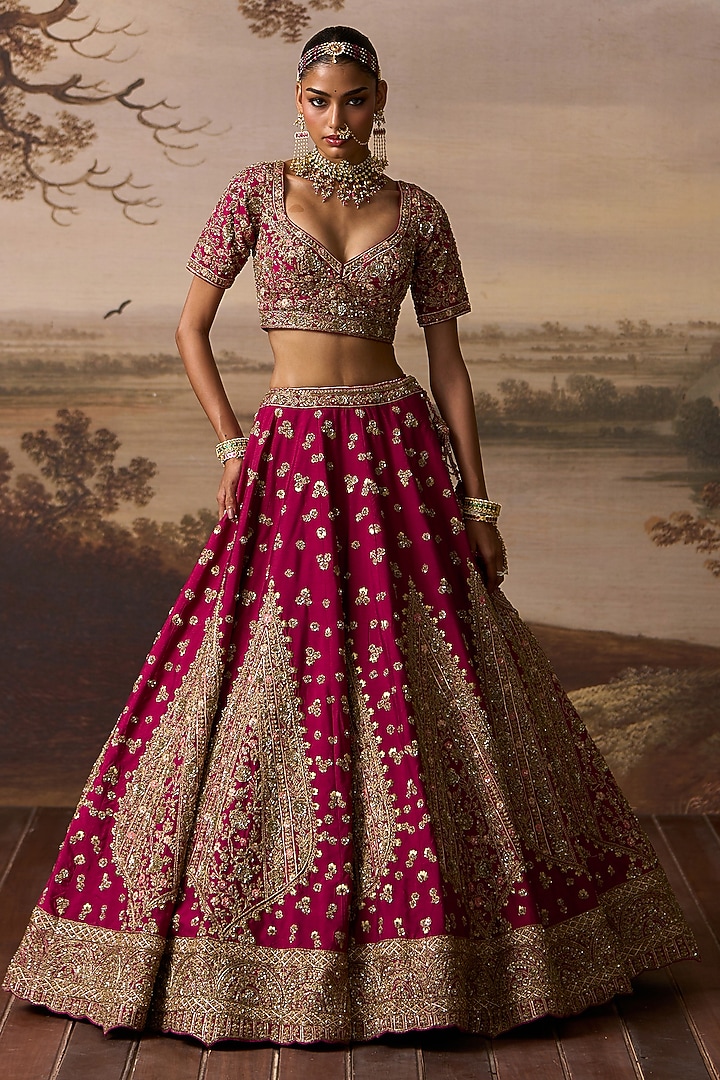 Crimson Red Raw Silk Floral Embroidered Bridal Lehenga Set by Angad Singh at Pernia's Pop Up Shop