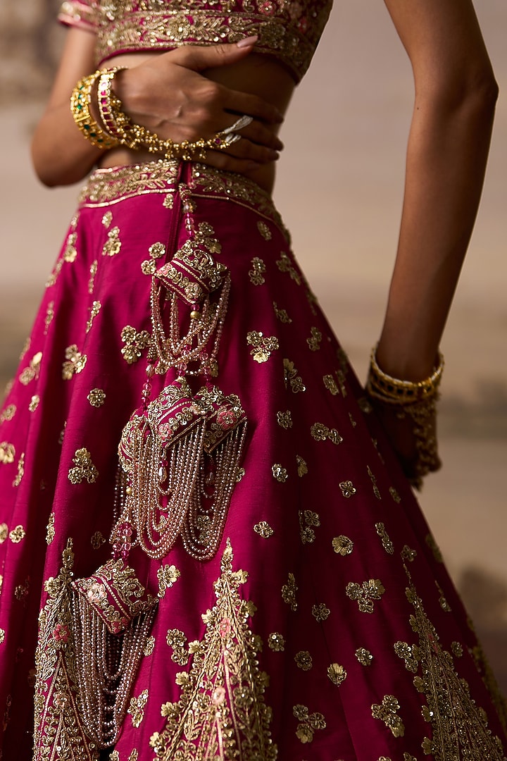 Crimson Red Raw Silk Floral Embroidered Bridal Lehenga Set by Angad Singh at Pernia's Pop Up Shop