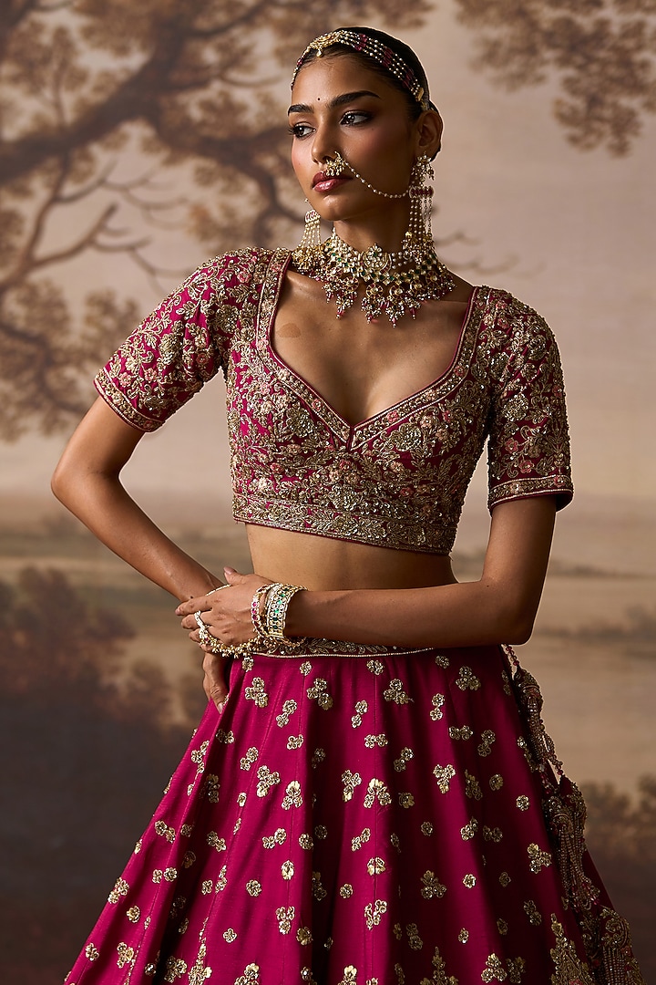 Crimson Red Raw Silk Floral Embroidered Bridal Lehenga Set by Angad Singh at Pernia's Pop Up Shop