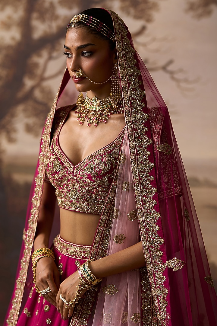 Crimson Red Raw Silk Floral Embroidered Bridal Lehenga Set by Angad Singh at Pernia's Pop Up Shop