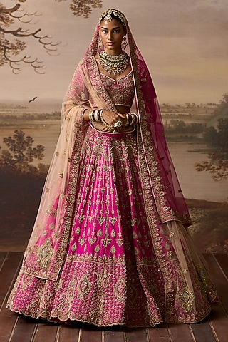 Rani Pink Raw Silk Paisley Embroidered Lehenga Set by Angad Singh