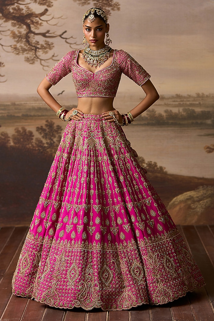 Rani Pink Raw Silk Paisley Embroidered Bridal Lehenga Set by Angad Singh at Pernia's Pop Up Shop