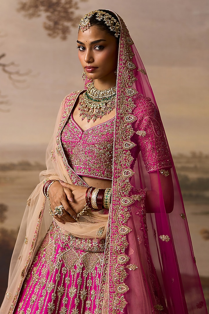 Rani Pink Raw Silk Paisley Embroidered Bridal Lehenga Set by Angad Singh at Pernia's Pop Up Shop