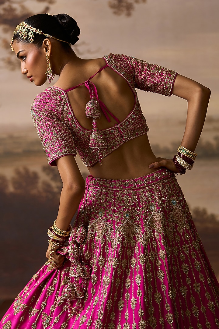 Rani Pink Raw Silk Paisley Embroidered Bridal Lehenga Set by Angad Singh at Pernia's Pop Up Shop