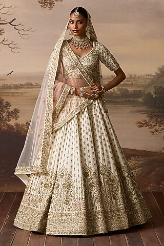 Ivory Raw Silk Nakshi Embroidered Lehenga Set by Angad Singh