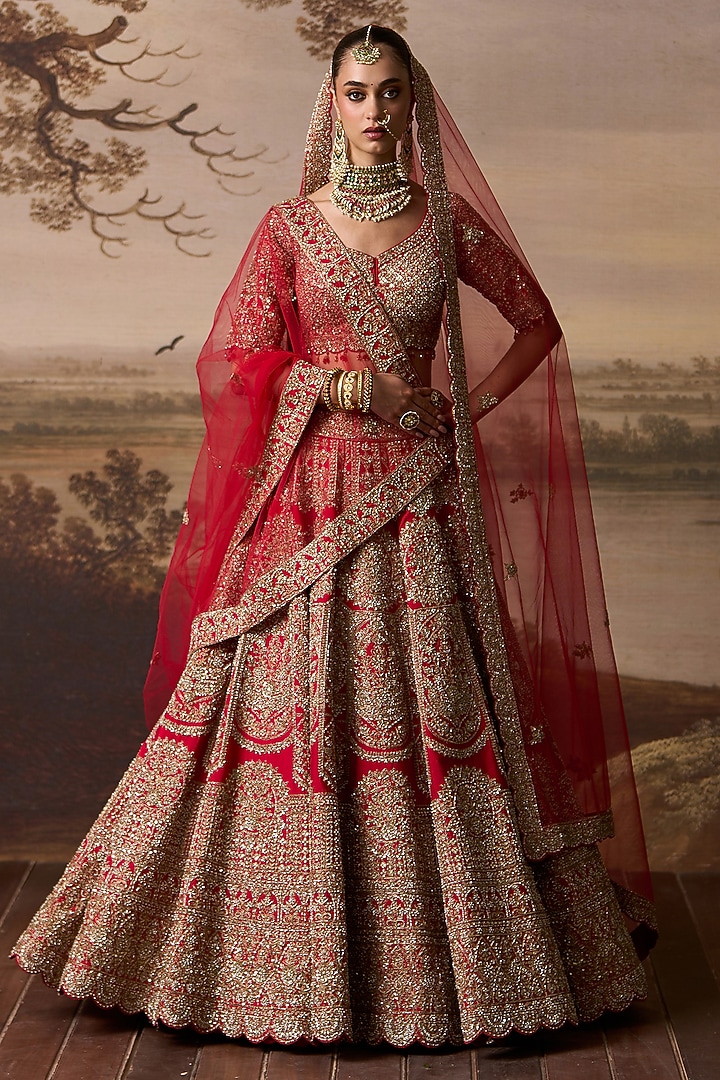 Red Raw Silk Dabka Embroidered Bridal Lehenga Set by Angad Singh at Pernia's Pop Up Shop