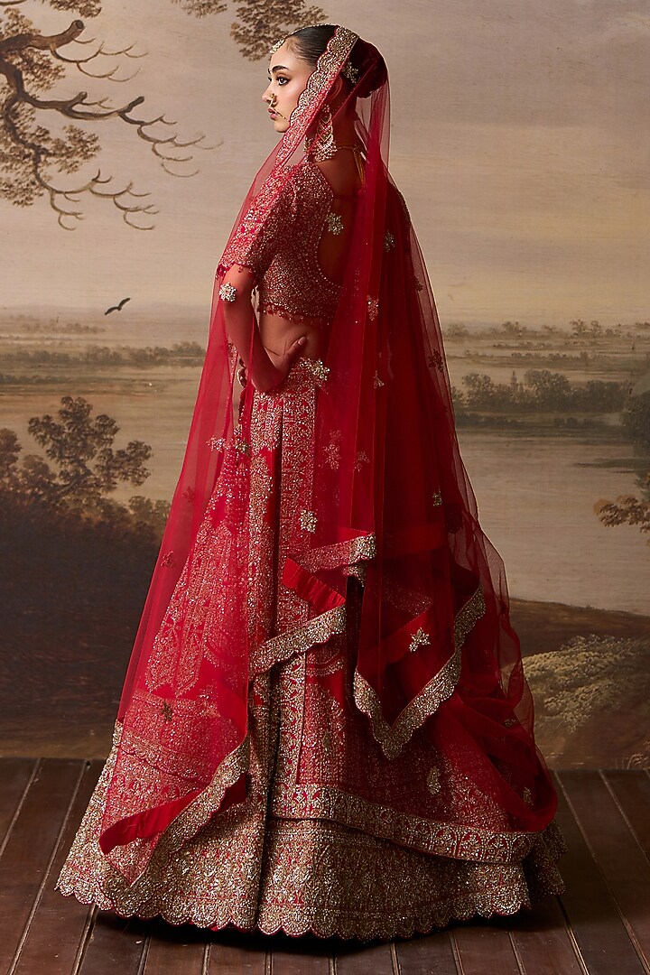 Red Raw Silk Dabka Embroidered Bridal Lehenga Set by Angad Singh at Pernia's Pop Up Shop