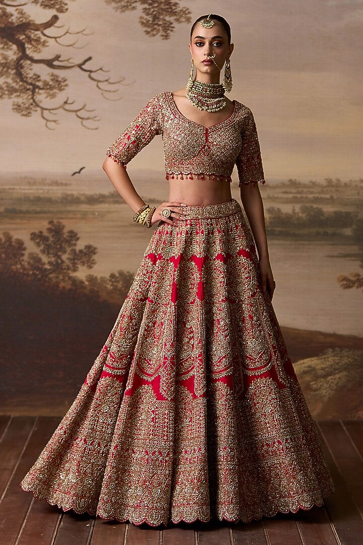 Red Raw Silk Dabka Embroidered Bridal Lehenga Set by Angad Singh at Pernia's Pop Up Shop
