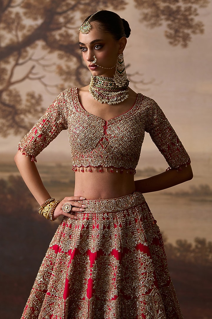 Red Raw Silk Dabka Embroidered Bridal Lehenga Set by Angad Singh at Pernia's Pop Up Shop