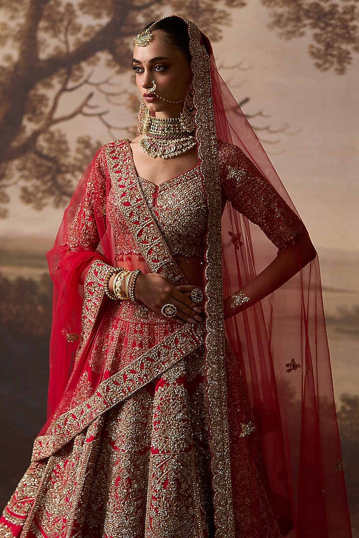Red Raw Silk Dabka Embroidered Bridal Lehenga Set by Angad Singh at Pernia's Pop Up Shop