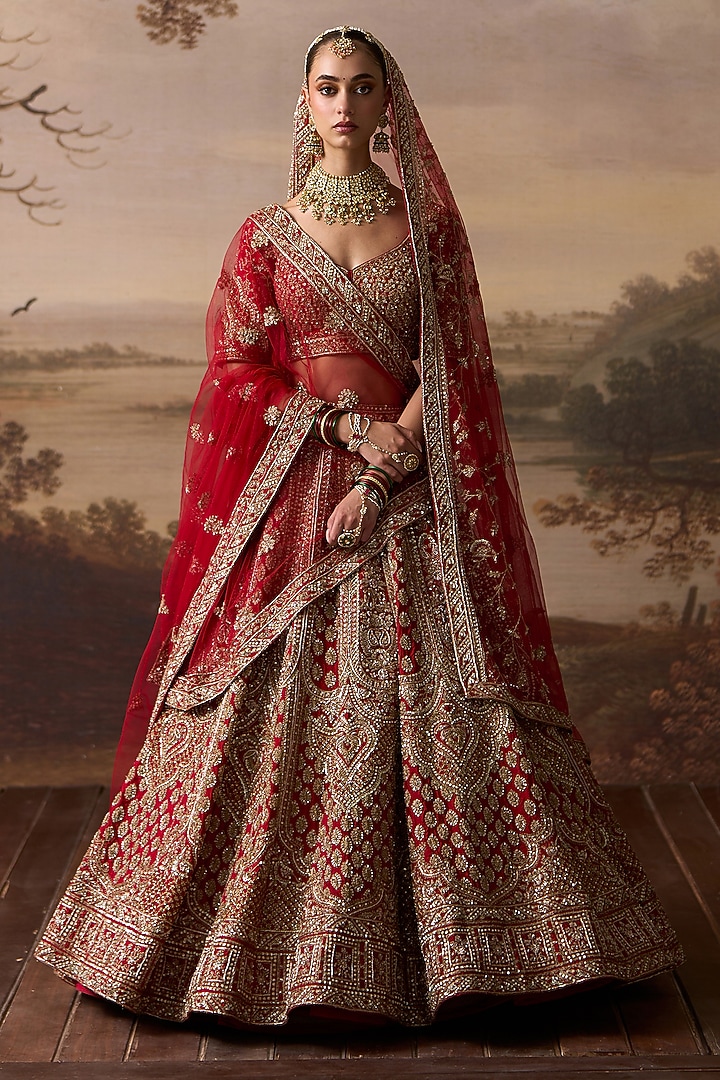 Red Raw Silk Dabka Embroidered Bridal Lehenga Set by Angad Singh at Pernia's Pop Up Shop