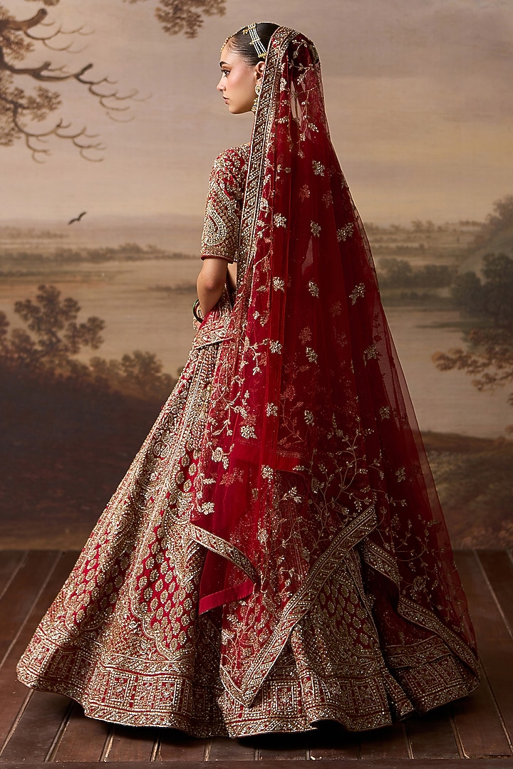 Red Raw Silk Dabka Embroidered Bridal Lehenga Set by Angad Singh at Pernia's Pop Up Shop