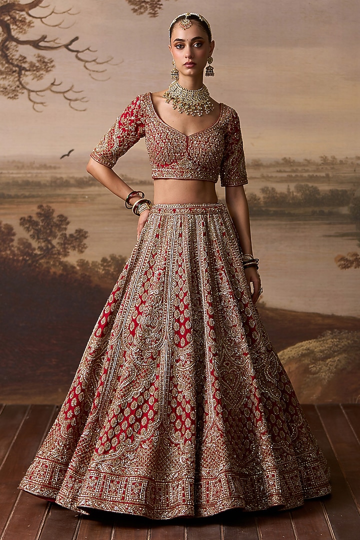 Red Raw Silk Dabka Embroidered Bridal Lehenga Set by Angad Singh at Pernia's Pop Up Shop