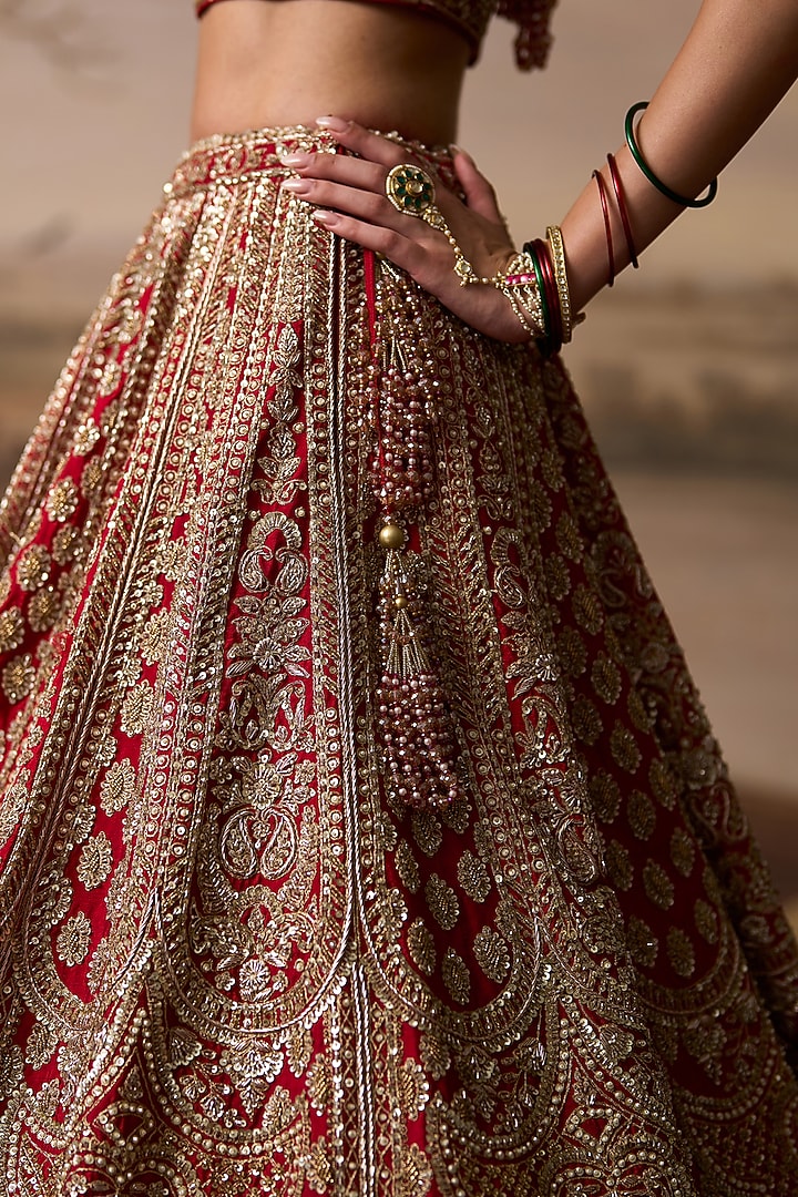 Red Raw Silk Dabka Embroidered Bridal Lehenga Set by Angad Singh at Pernia's Pop Up Shop