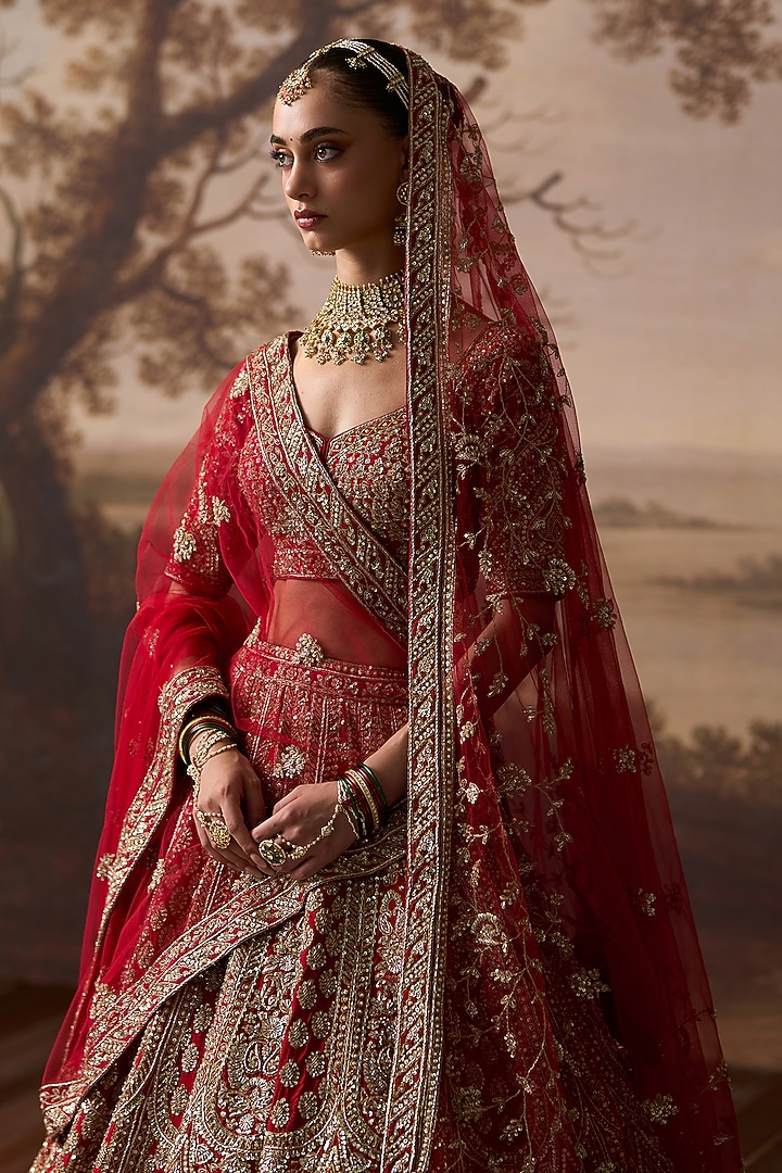 Red Raw Silk Dabka Embroidered Bridal Lehenga Set by Angad Singh at Pernia's Pop Up Shop