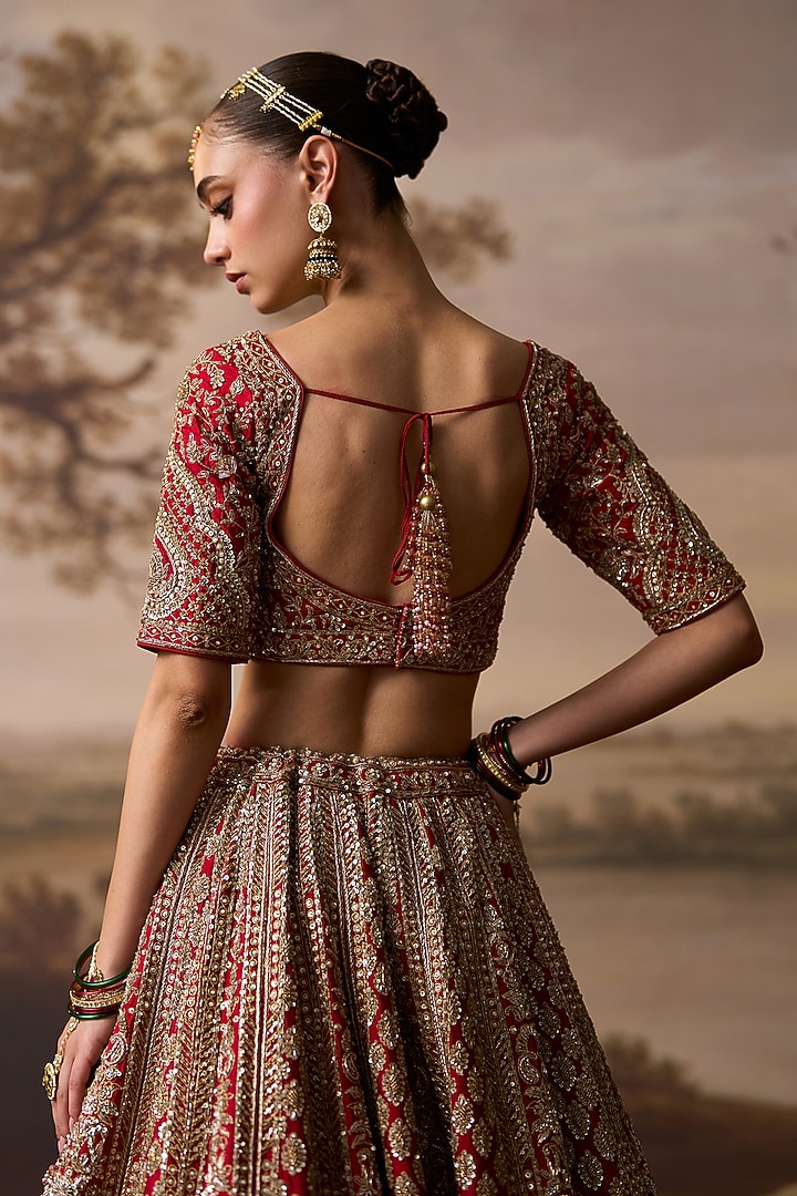 Red Raw Silk Dabka Embroidered Bridal Lehenga Set by Angad Singh at Pernia's Pop Up Shop