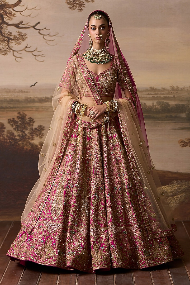 Rani Pink Raw Silk Zardosi Embroidered Bridal Lehenga Set by Angad Singh at Pernia's Pop Up Shop
