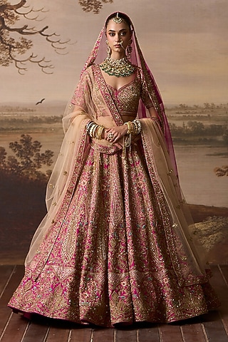 Rani Pink Raw Silk Zardosi Embroidered Lehenga Set by Angad Singh