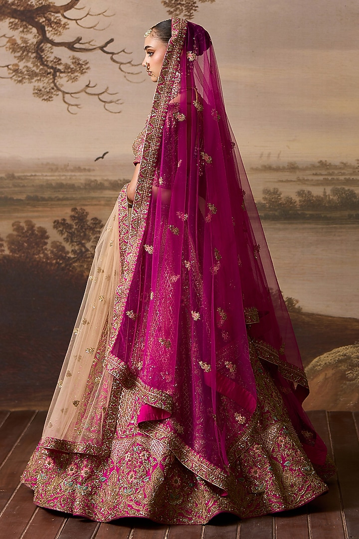 Rani Pink Raw Silk Zardosi Embroidered Bridal Lehenga Set by Angad Singh at Pernia's Pop Up Shop