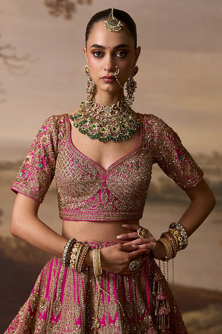 Rani Pink Raw Silk Zardosi Embroidered Bridal Lehenga Set by Angad Singh at Pernia's Pop Up Shop